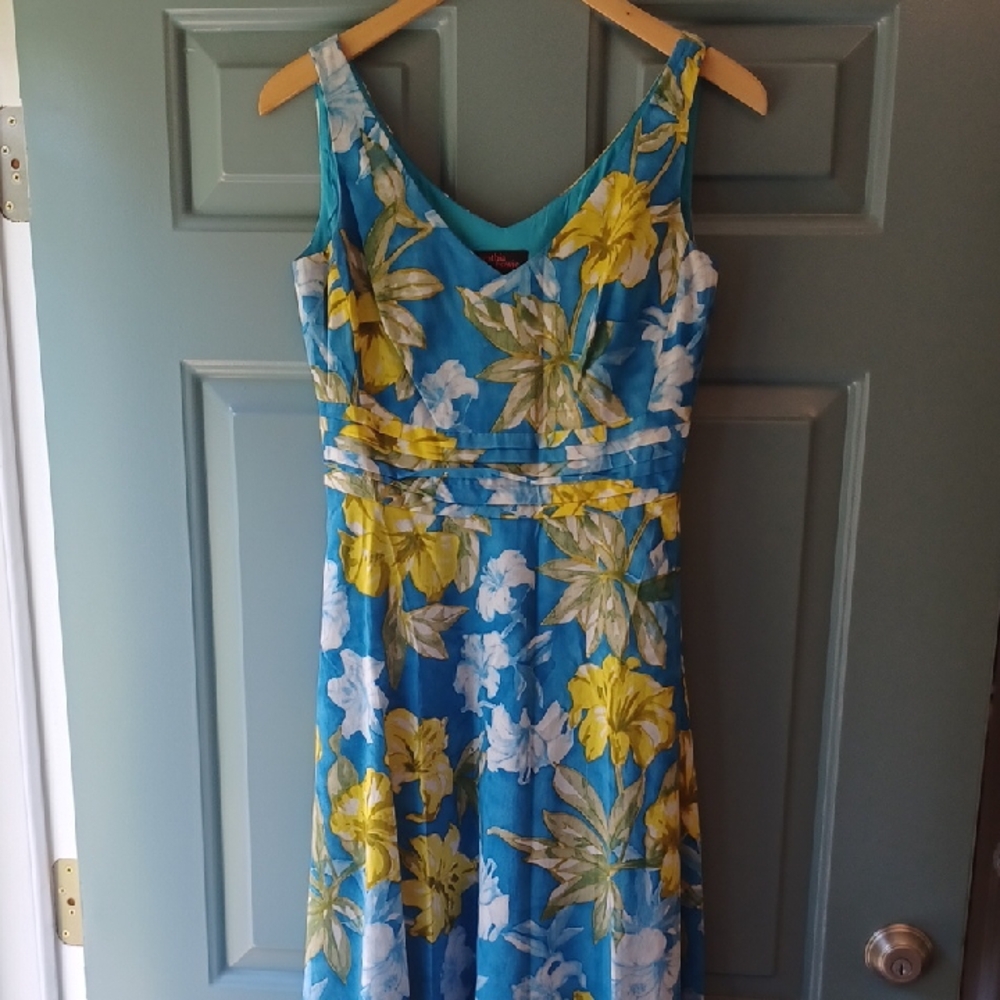 Tropical Floral Midi Dress in Blue and Yellow